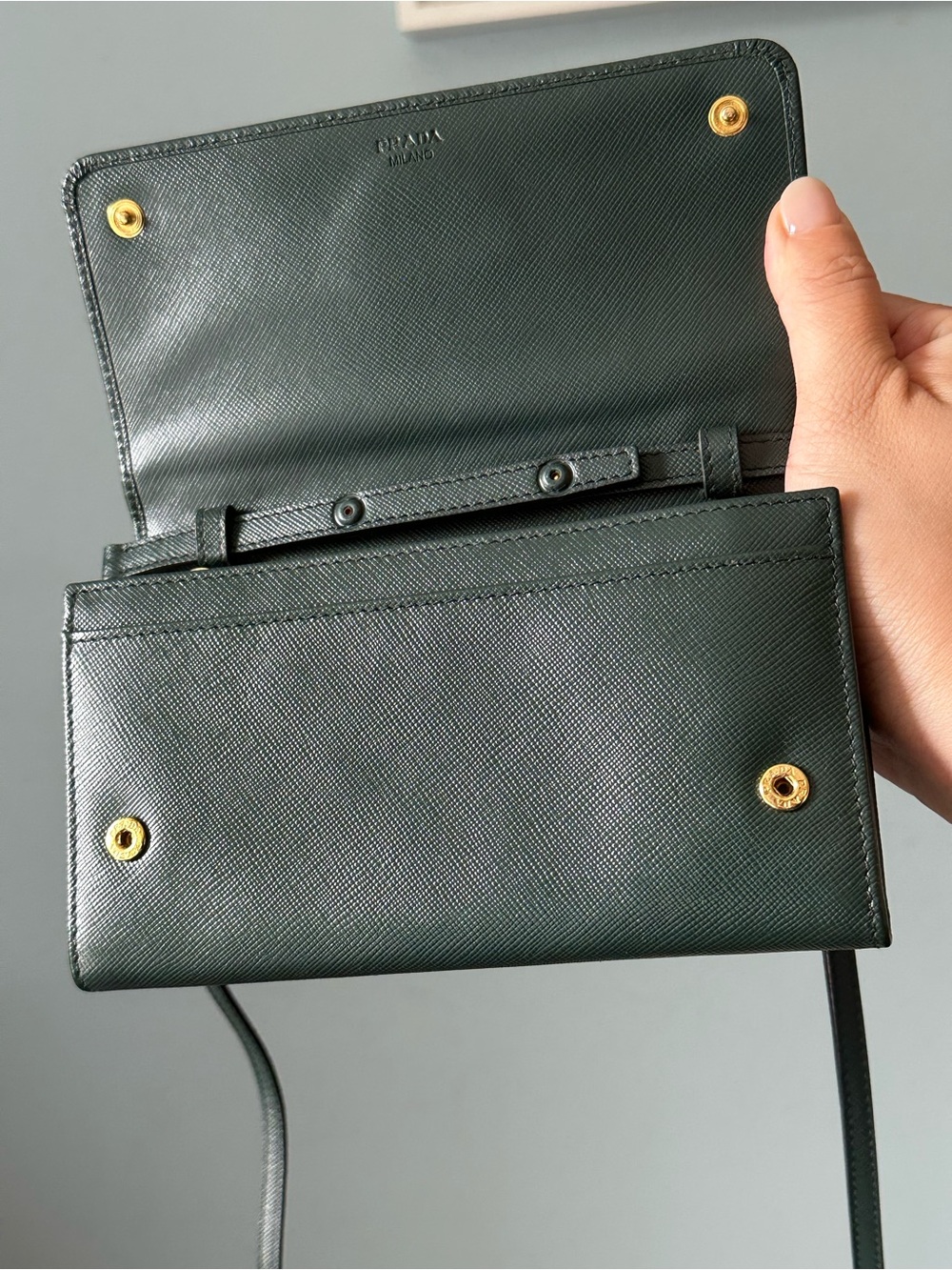 Prada Green Saffiano Leather Wallet on Strap - Picture 9 of 17